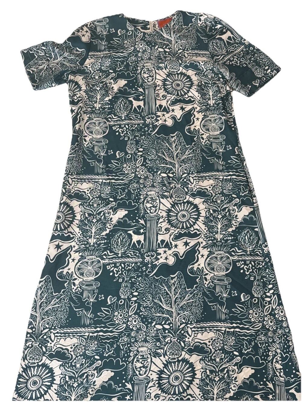 La DoubleJ Swing Dress Ionic Print Green White Short Sleeve Midi Maxi SizeL Silk